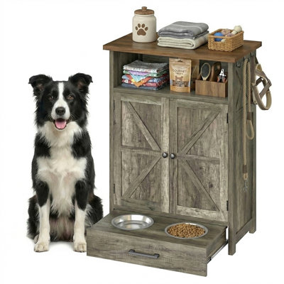 Meuble de rangement pour bols de chien, comprenant 2 bols surélevés, 3 crochets et un tiroir coulissant.