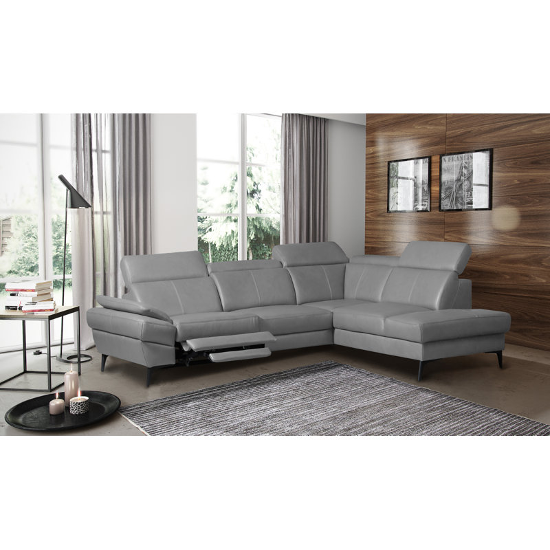 Genuine Leather Reclining Corner Sofa with Adjustable Headrests and Adjustable Armrest and Storage, Light Gray