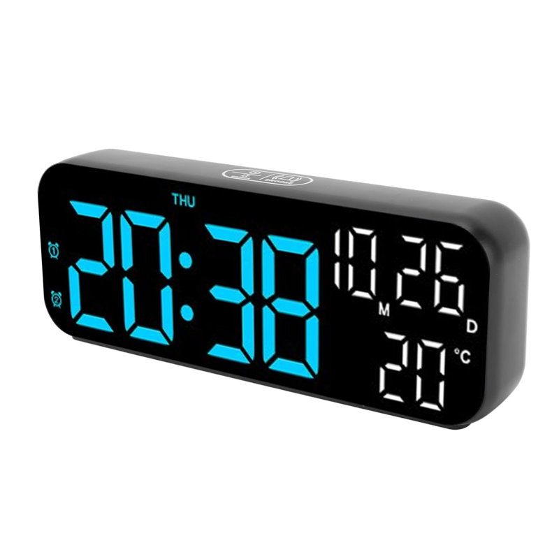 Horloge numérique à double affichage, commande vocale, 3 niveaux de luminosité, date, température, compte à rebours, alarme électronique DEL, noir et bleu.