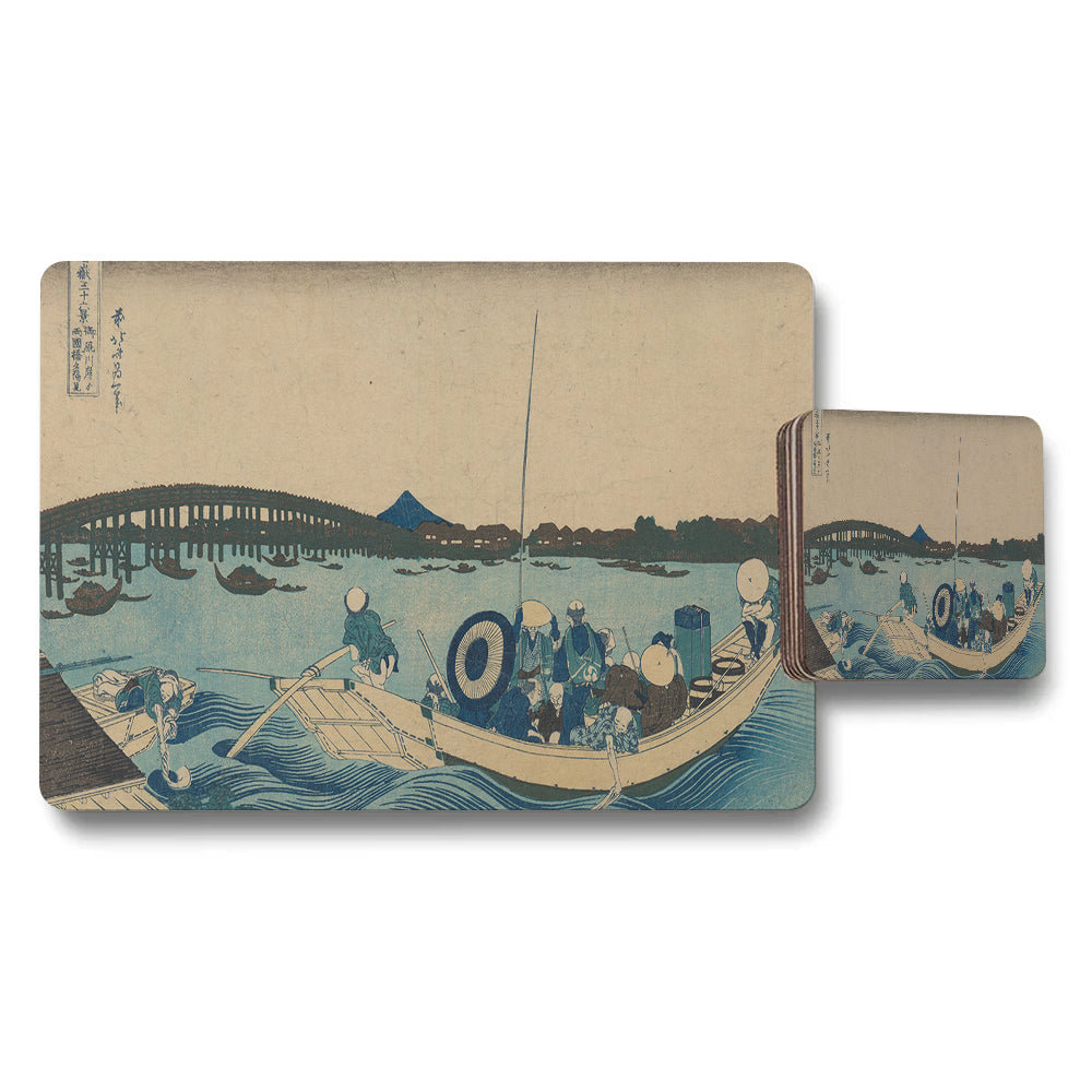 Japanese Ukiyoe Boat Scene Placemat And Coaster Set