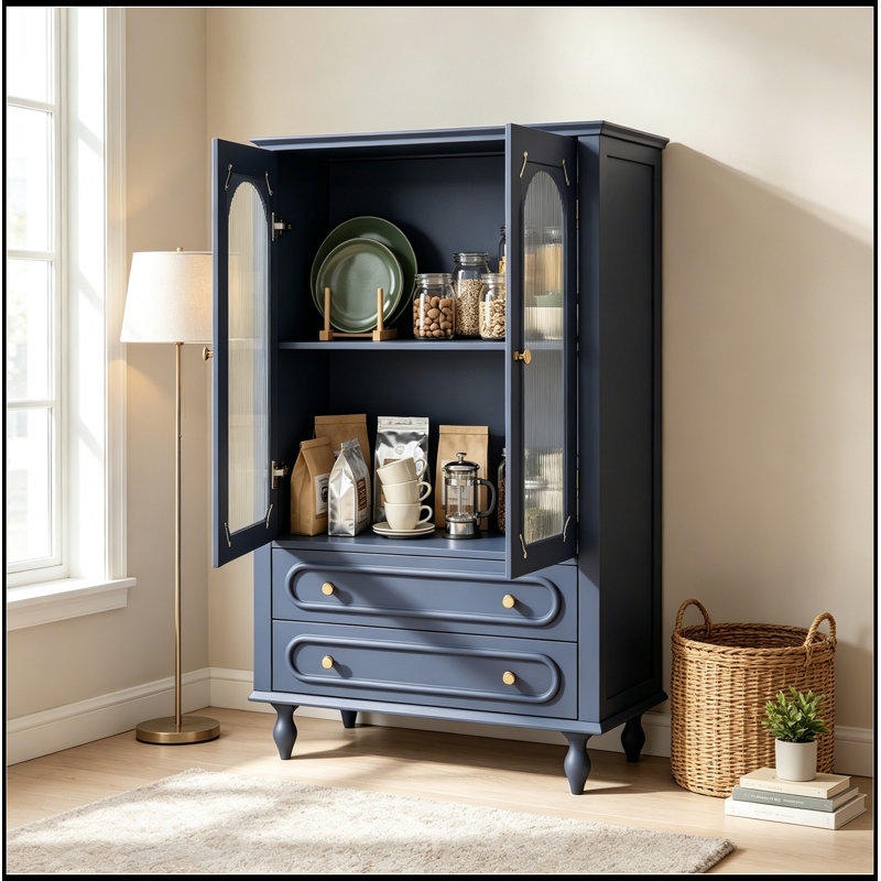 Vitrine avec portes en verre nervuré, 2 tiroirs et tablette réglable, Blue