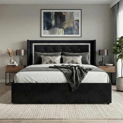 KING SIZE WINGBACK PLATFORM LIFT UP STORAGE BED IN BLACK VELVET