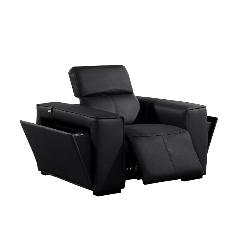 Ensemble de canapé inclinable, de causeuse et de fauteuil en cuir italien à grain supérieur Chikako, Noir, noir, noir, noir