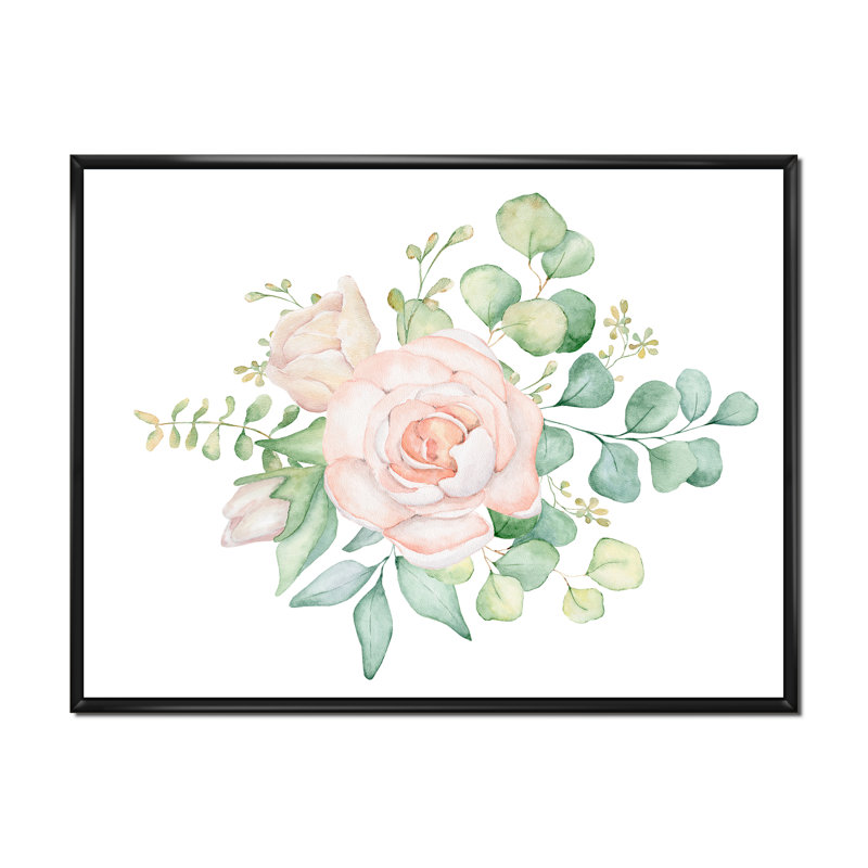 Bouquet de fleurs de rose et d'eucalyptus - Peinture sur toile, H 30 po x l 40 po x P 1,5 po, Cadre flottant noir