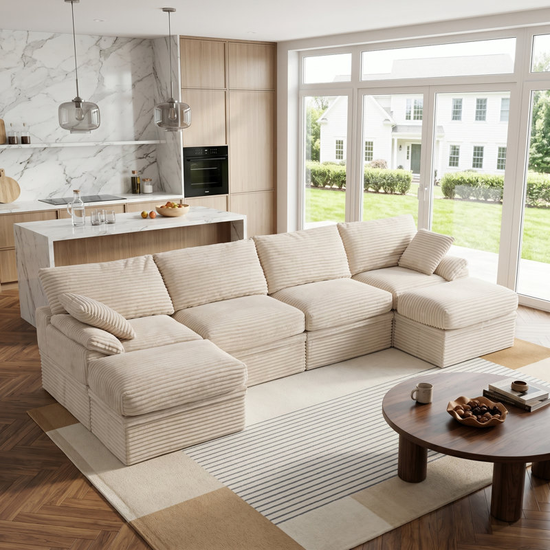 Canapé modulaire en nuage de 142 po de largeur 142 po, canapé d'angle en U 6 pièces avec rangement caché et 2 repose-pieds, canapé rembourré en velours côtelé minimaliste moderne pour le salon, siège très profond, assemblage facile requis