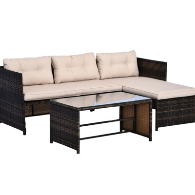3 Piece Outdoor Patio - With Chaise Lounge & , Cushioned Seats And Backrests, Tempered Glass Table, Beige Furniture Elastic Cushions,