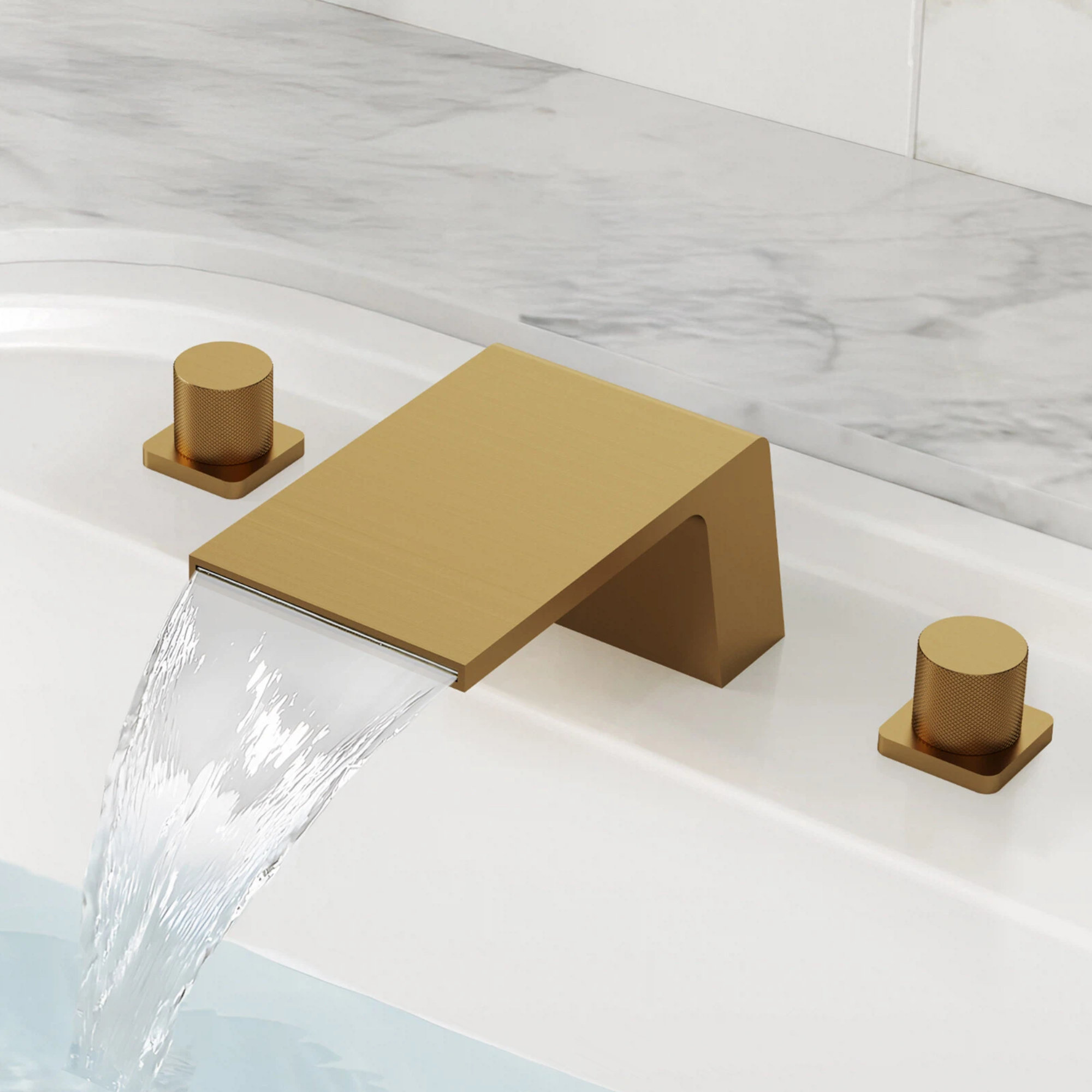 EVERSTEIN Modern Deck-Mount 3-Hole Wide Waterfall 2-Handle Bathtub ...