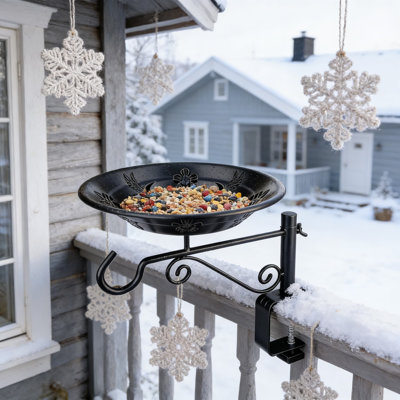 Balcony Bird Feeder And Hanging Bird Bath With Decorative Hook - Heavy Duty Cast Iron Deck Mounted Tray For Feeding, Watering, And Decorating With Planters, Lanterns, Or Wind Chimes
