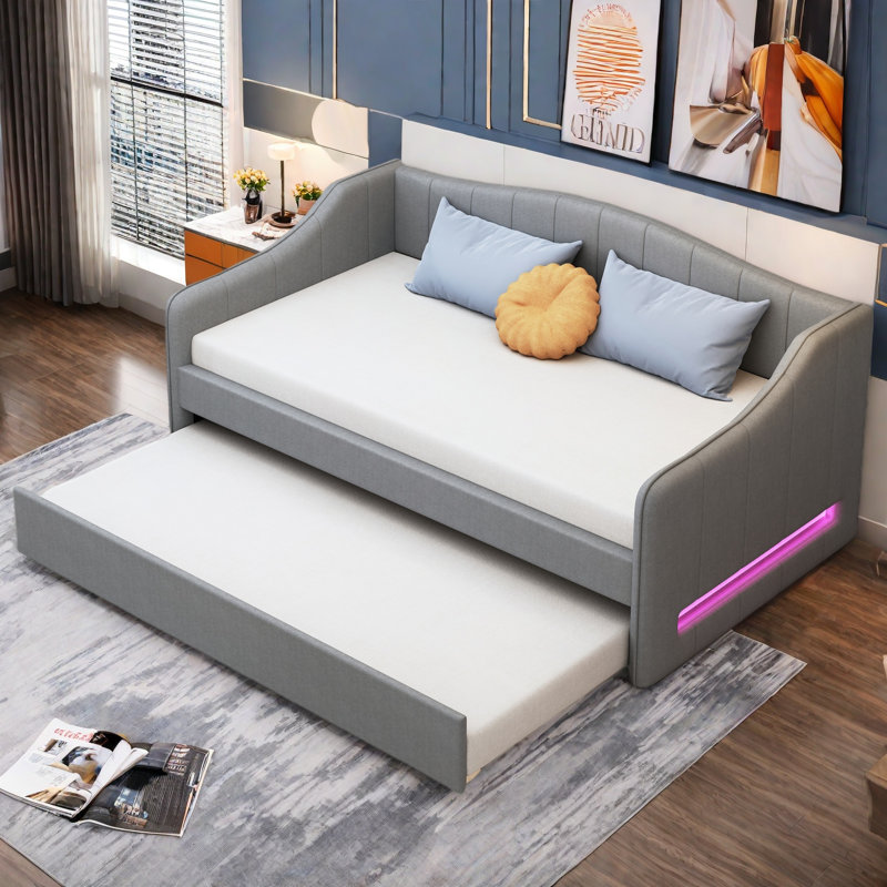 Lit de jour moderne rembourré avec ceinture à DEL et couchette, Gris