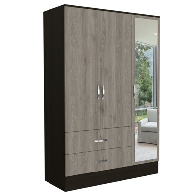 Armoire de chambre à coucher en miroir Florencia S, avec deux armoires, deux tiroirs et cloisons