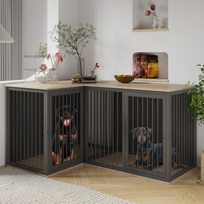 Mobilier de cage pour chien pour 2 chiens, grand chenil de 71,6 po avec séparateurs et portes doubles, cage pour chien double avec cadre en acier pour petits chiens de taille moyenne, cage intérieure pour chien double