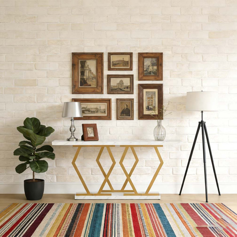 Table console moderne avec plateau en faux marbre, Or blanc