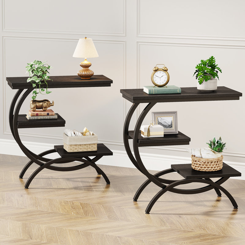 Ensemble de tables de bout en C à 3 niveaux, 2 pièces, Noir
