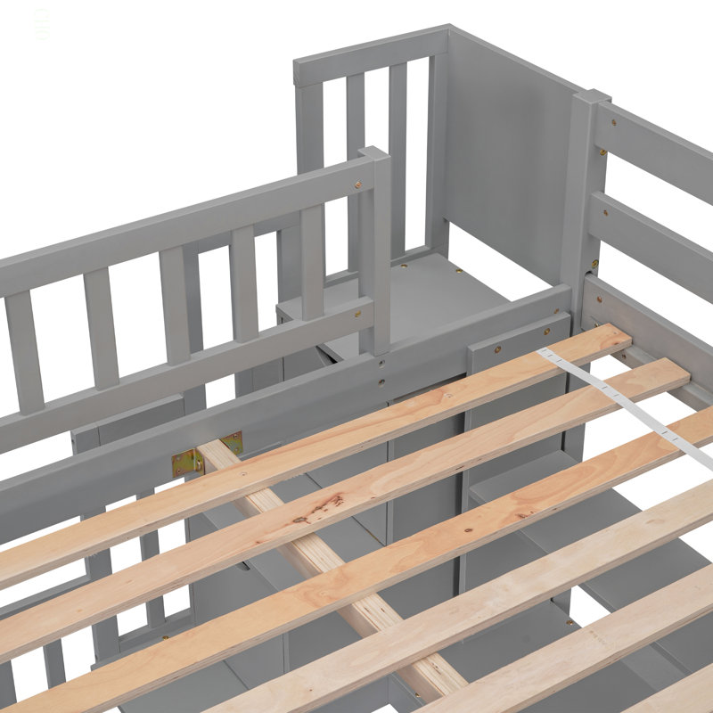 Lit mezzanine double avec bureau, tablettes de rangement et escalier, Grey