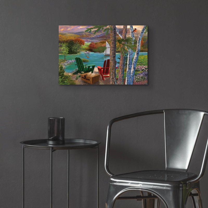 «Lakeside View From The Chairs» par Bigelow, illustrations en acrylique sur verre, H 16 po x l 24 po x P 0,2 po
