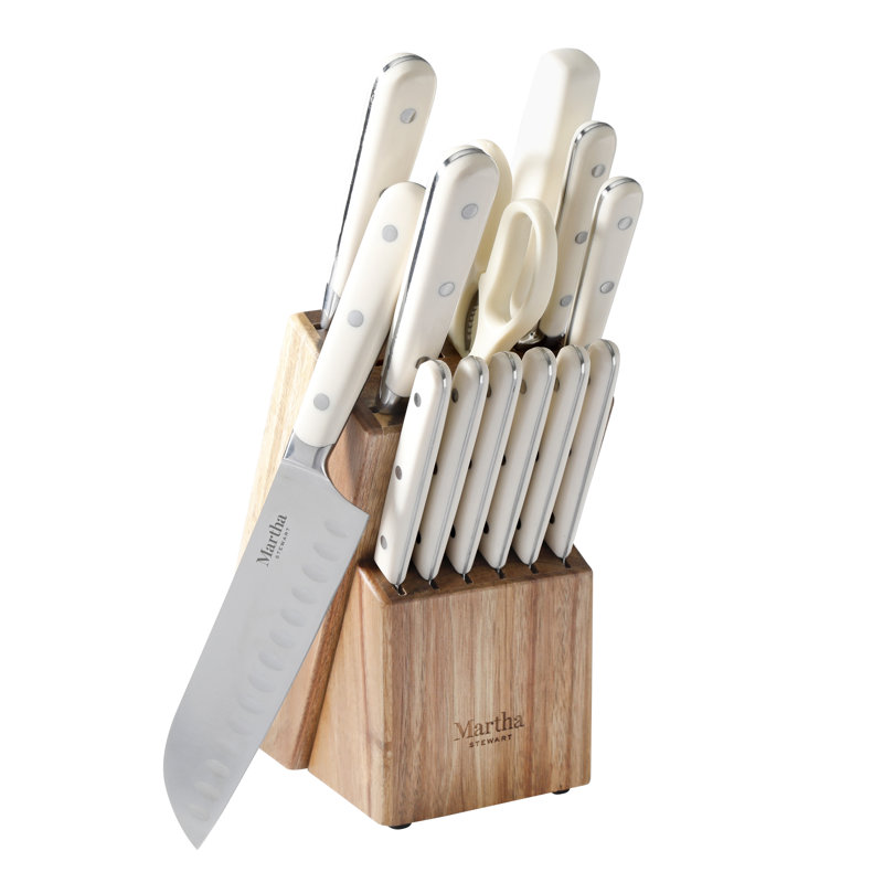 Linen White 14-Piece Stainless Steel Knife Set with Acacia Block