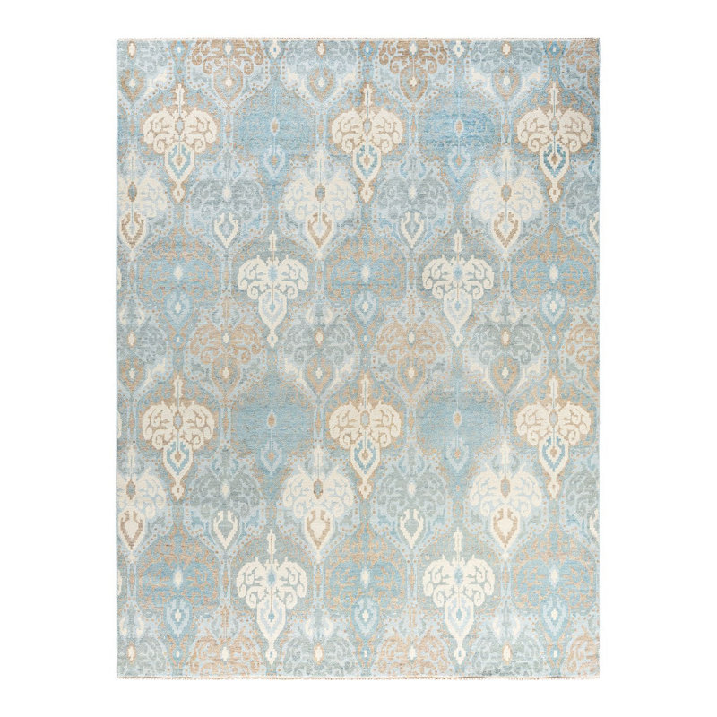 Hand-Knotted Gray and Blue Wool Rectangular Area Rug
