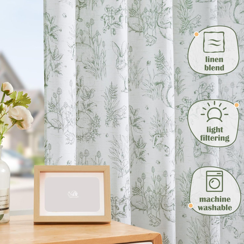Semi Sheer Kids Curtains Floral Bunny Forest Curtains for Girl Room Rod Pocket Curtain Pair, 50" W x 63" L, Sage