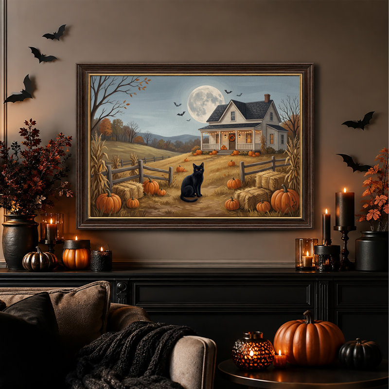 «Black Cat Sitting in Pumpkin Patch Under Full Halloween», art mural sur toile, H 16 po x l 24 po