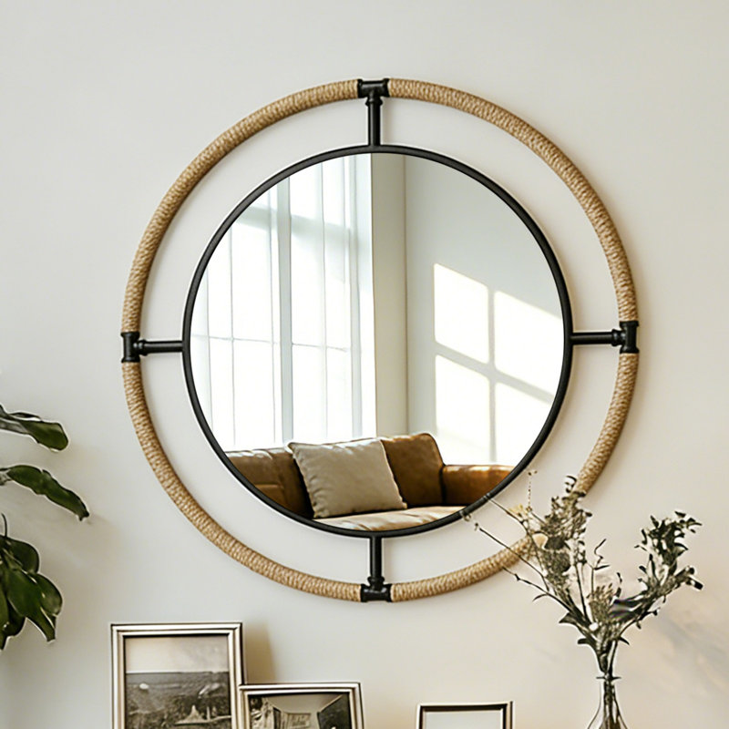 Nautical Round Wall Hanging Decorative Mirror With Rope Coastal Decor Mirror