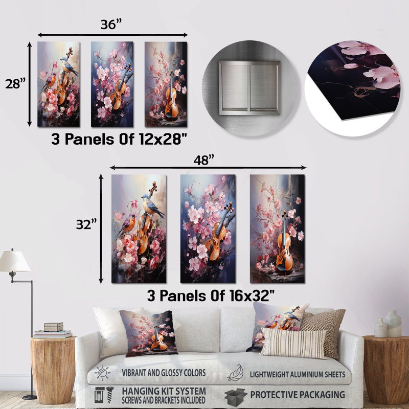Violin And Nature Harmonic Hues - Music Metal Wall Art Set Of 3, 32" H x 48" W