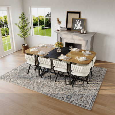 Ensemble de table de salle à manger 9 pièces 9 pièces, plateau de table fixe en grain de bois bicolore et triamine de grain de bois noir avec 8 chaises en velours beige, ensemble de table de cuisine moderne pour 8 personnes, idéal pour les réunions de famille