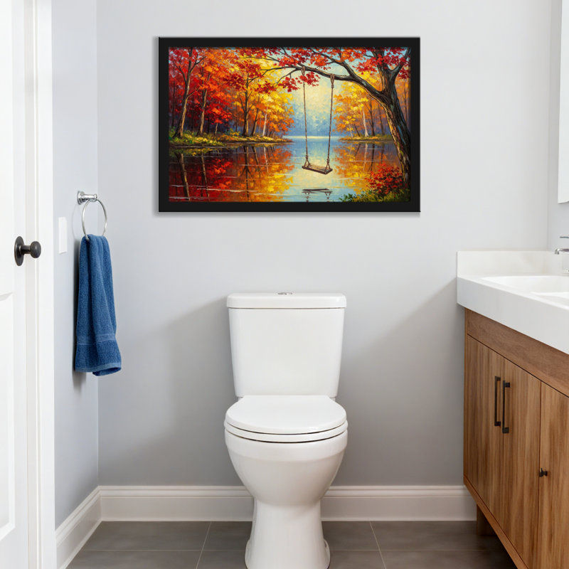 Plantes et fleurs, arbres d'automne, lac, balançoire, réflexion, couleurs, scène paisible, H 12 po x l 18 po, Toile tendue