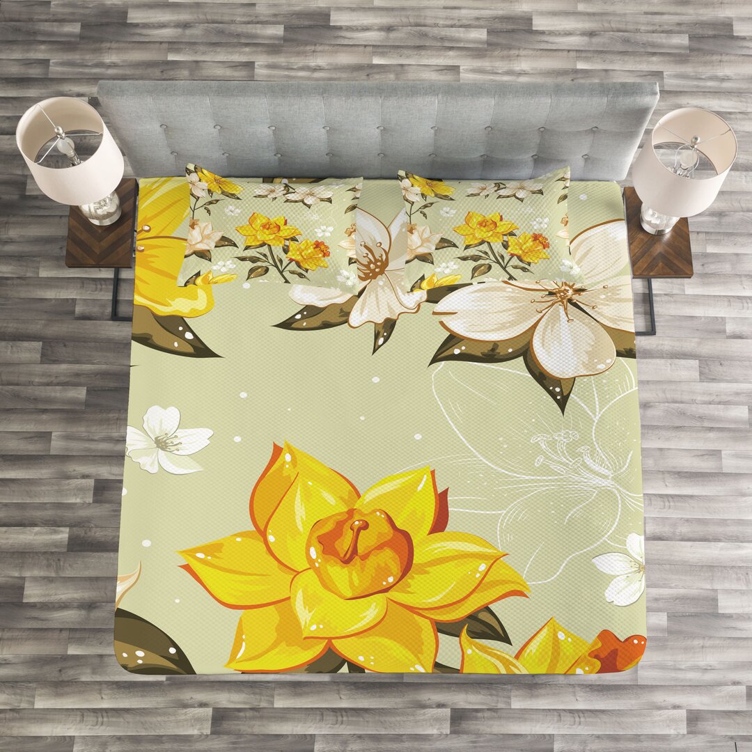 Tagesdecke Set, Floral Narcissus Ast, Frühling, Gelb Khaki Creme