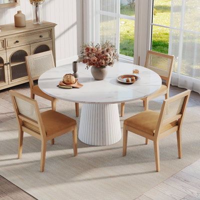 Ensemble de table de salle à manger ronde à piédestal avec 4 à 6 chaises à dossier en rotin, ensemble de table de salle à manger de style campagnard avec chaises rembourrées en chenille et pieds en bois massif pour 4 à 6