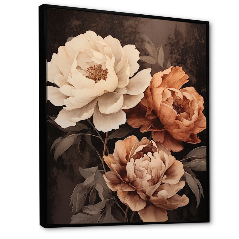 Pivoines botaniques rétro dévoilées II sur toile, Cadre flottant noir, H 32 po x l 16 po x P 1 po
