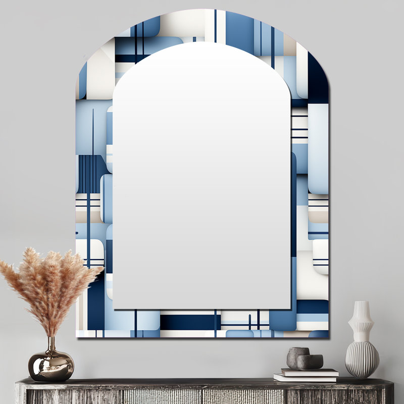 Harmonie de blocs géométriques blancs et bleus - grand miroir mural de forme unique géométrique, miroir décoratif bleu à forme libre, impression d'art en métal