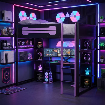 Full-Size Wooden Gaming Loft Bed with Desk and Storage, RGB LED Light, USB Charging Station, Built-in Wardrobe & Cabinets, Space-Saving Loft Bed Frame