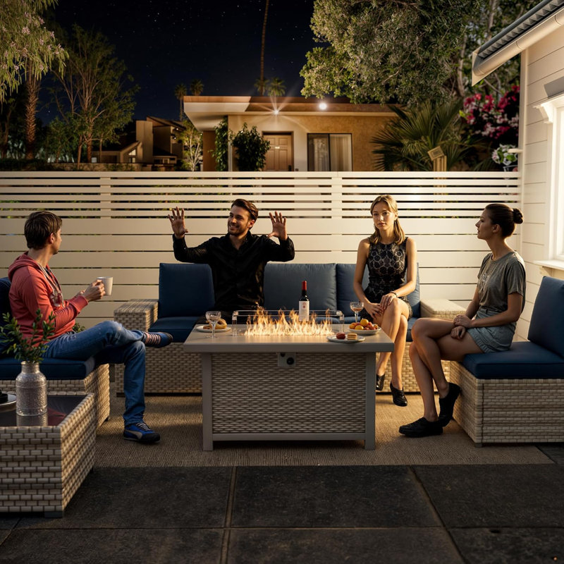 Outdoor Wicker Gas Fire Table, 43 Inch 50,000 Btu Patio Propane Gas Fire Pit W Metal Tabletop,glass Wind Guard,dust Cover