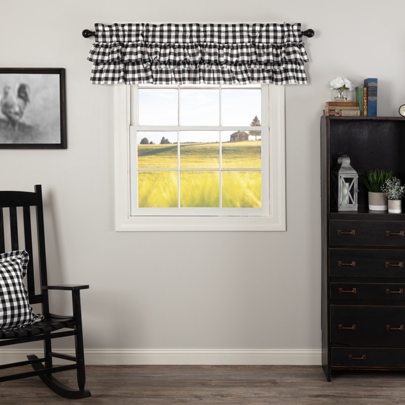 Annie Buffalo Check Plaid Cotton Ruffled Window Valance, 60" W x 16" L, Black