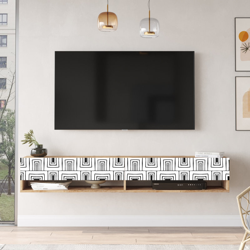 Meuble audio-vidéo futuriste en bois de pin 70 pouces avec tablettes de rangement et portes
