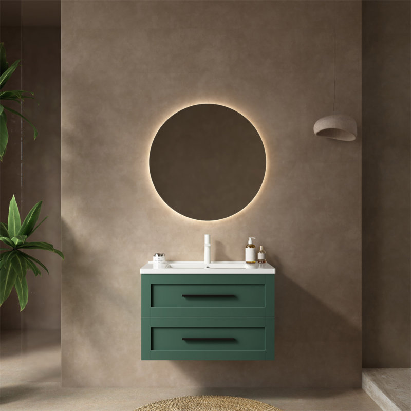 Meuble-lavabo mural moderne avec 2 tiroirs et lavabo en céramique, solution de rangement compacte et durable, 30"
