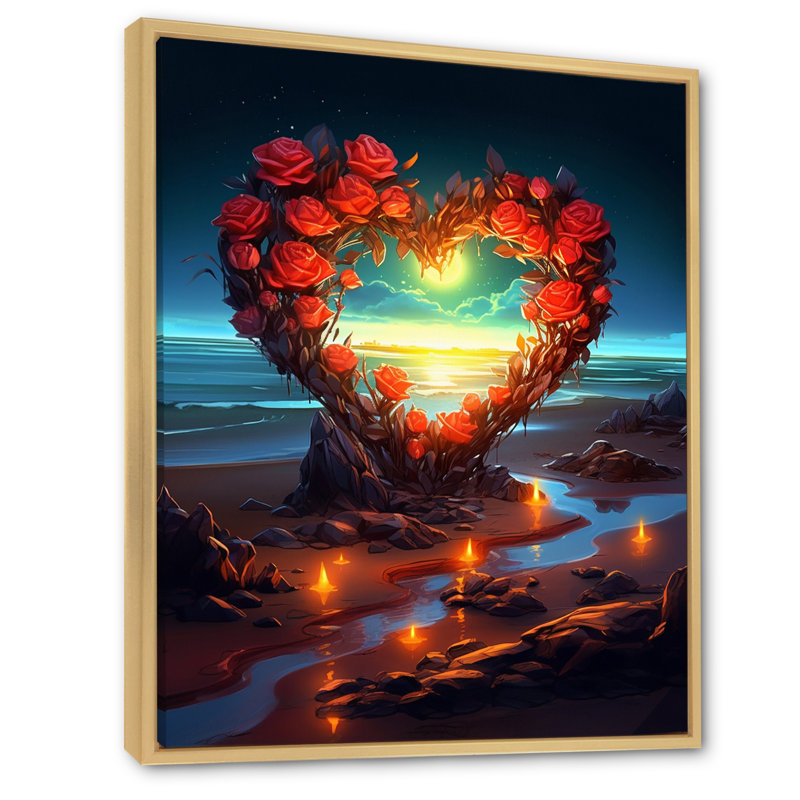 " Vibrant Red Roses Hart On Sunset Beach ", Natural Floater Framed, 32" H x 24" W
