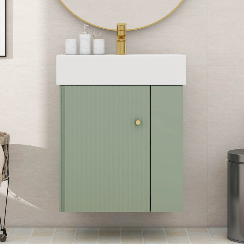 Meuble-lavabo flottant moderne avec lavabo en céramique, rangement à droite, Vert