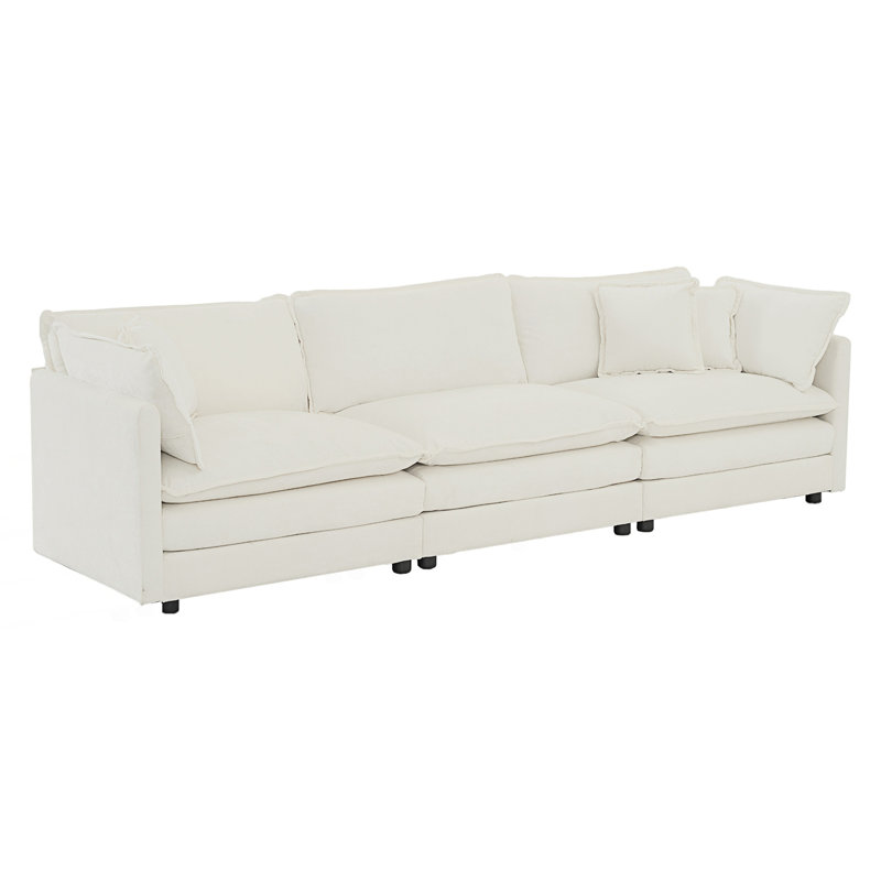 Mid-Century Modern Couch 3-Seater Sofa With 2 Armrest Pillows And 3 Toss Pillows, 3, White, 32.98"H x 146.47"W x 35.02"D