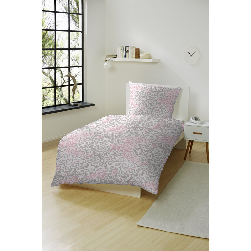 Sofia Cotton 200 TC Reversible 2 Piece Duvet Cover Set, 155 x 220cm Duvet Cover + 1 Pillowcase, Grey/Pink