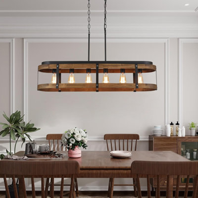 Rustic Farmhouse Wood Kitchen Island Lighting, 6 Lights Rectangular Pendant Light Fixture, Adjustable Rods Oak Wood and Metal Linear Chandelier for Kitchen Island Farmhouse Dining Room, Black