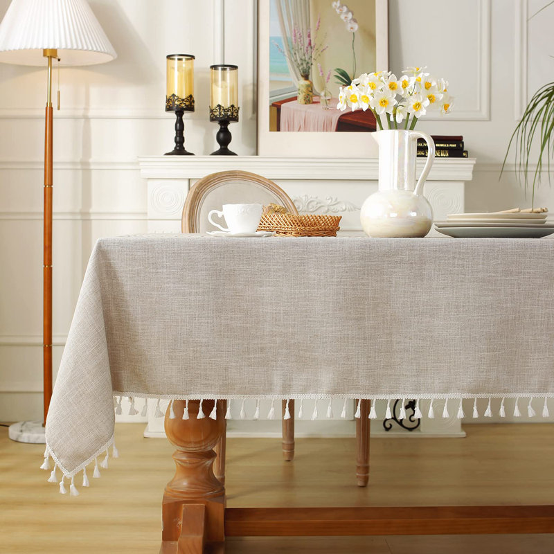 Rustic Cotton Linen Table Cloth,Tablecloths For 6 Foot Rectangle Tables,Waterproof Washable Tablecloth With Tassel Rectangle/Oblong, 55''X 86'', 6-8 Seats,Coffee Lines