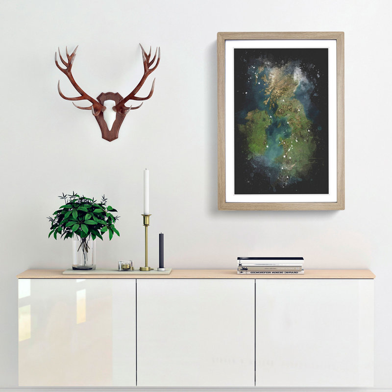 View Of Ireland & Great Britain - Single Picture Frame Painting on MDF, 63cm H x 45cm W x 2cm D, Oak Framed