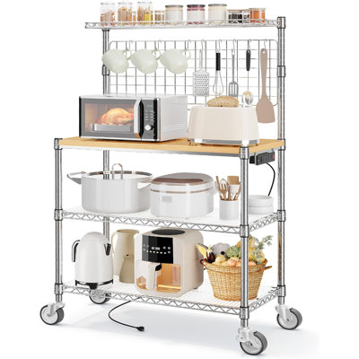 Bakers Rack with Power Outlet & Storage, 36 Inch Microwave Stand Kitchen Cart