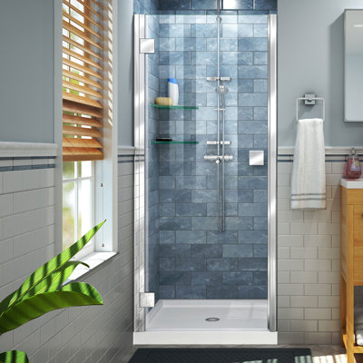 DreamLine Lumen P 36 po x l 42 po x 74 3/4 po porte de douche à charnière semi-sans cadre en bronze huilé avec base de douche blanche à drain central