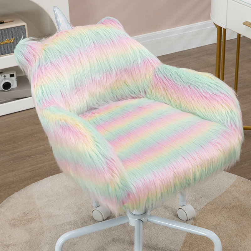 Chaise de bureau HOMcom Fluffy Unicorn avec dossier moyen et accoudoirs, base pivotante 5 étoiles, arc-en-ciel
