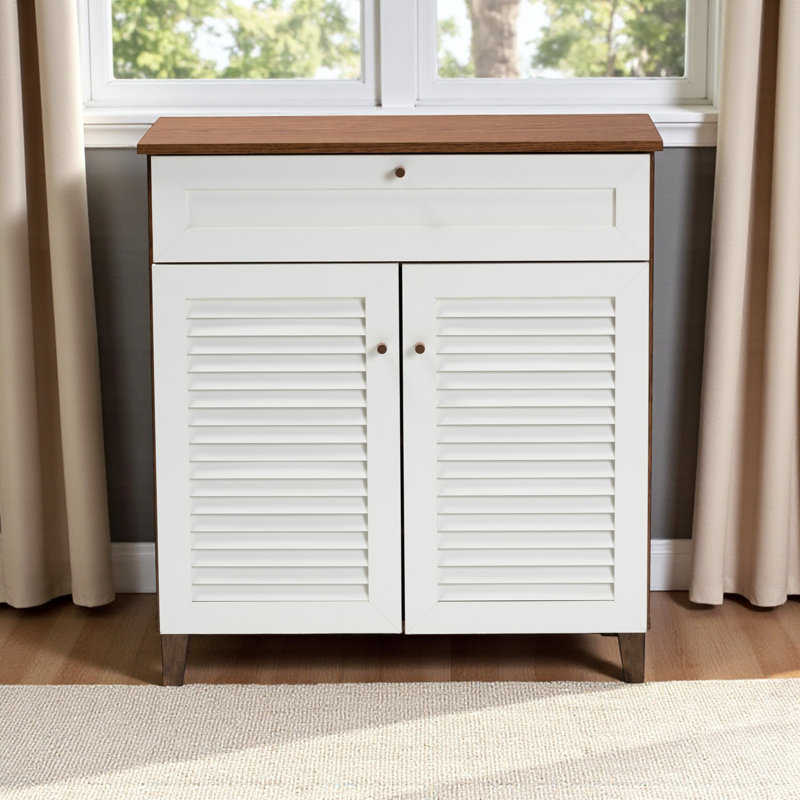 Diora White & Oak Finish 4-Shelf & 1-Drawer Shoe Storage Cabinet, 34.3" H X 30.48" W X 14.33" D
