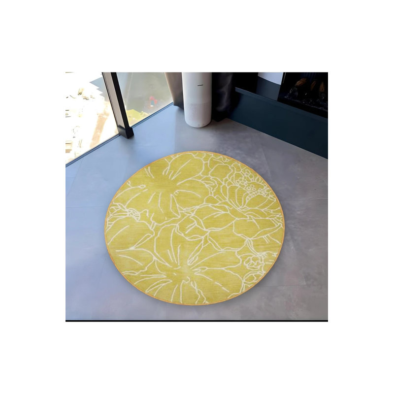 Yellow Linear Flowers Detailed Woven Base Modern Decorative Carpet, Round 5'