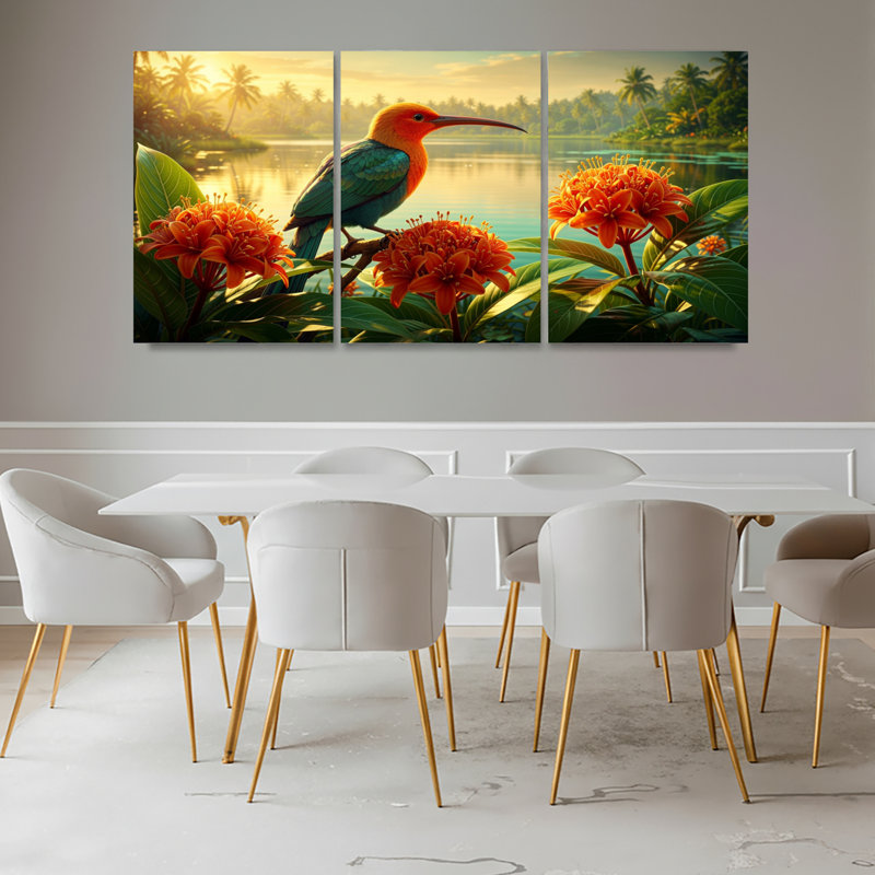 Ensemble de 3 tableaux sur toile représentant des oiseaux et des fleurs tropicales, 1624