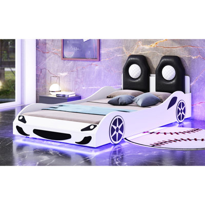 Lit de course en bois en forme de voiture simple à DEL avec rembourrage doux, blanc - coffre-fort et magnifique plateforme Led